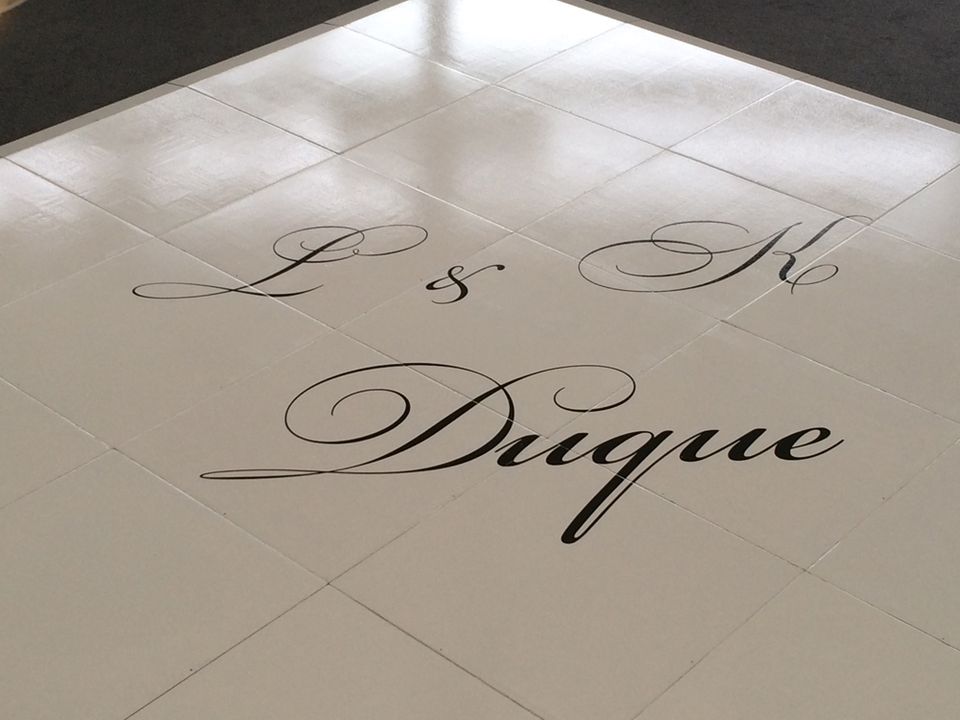 White dance floor with a script name decal