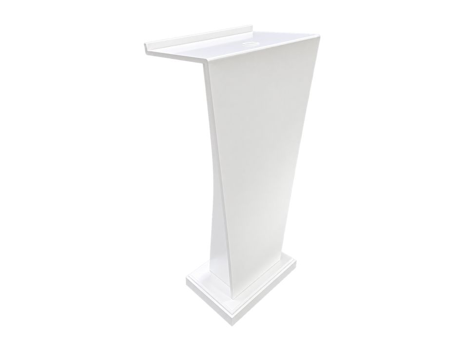 White lectern with a curved front panel and a reading shelf, on a square base